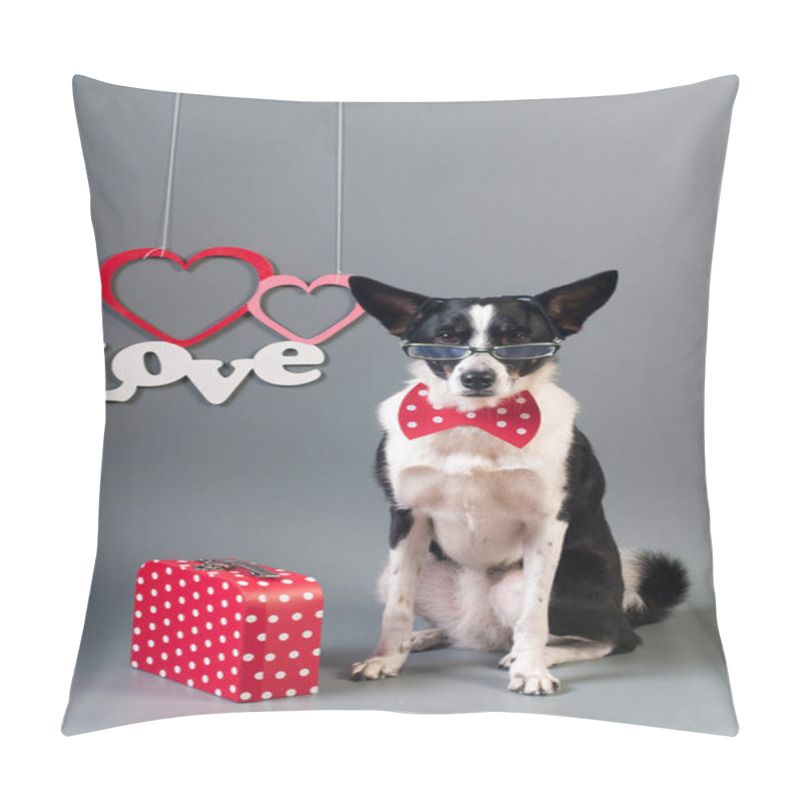 Personality  Portrait Of Cute Mixed Breed Dog In Bow Tie Pillow Covers