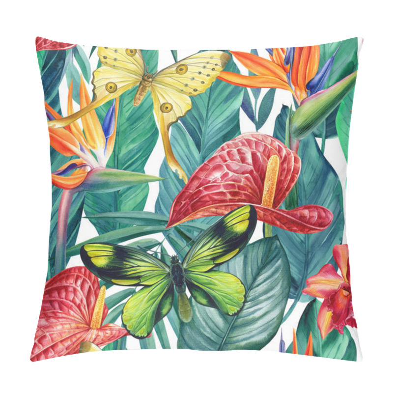 Personality  Watercolor Tropical Flowers Anthurium, Strelitzia, Palm Leaves And Butterfly. Seamless Pattern  Pillow Covers