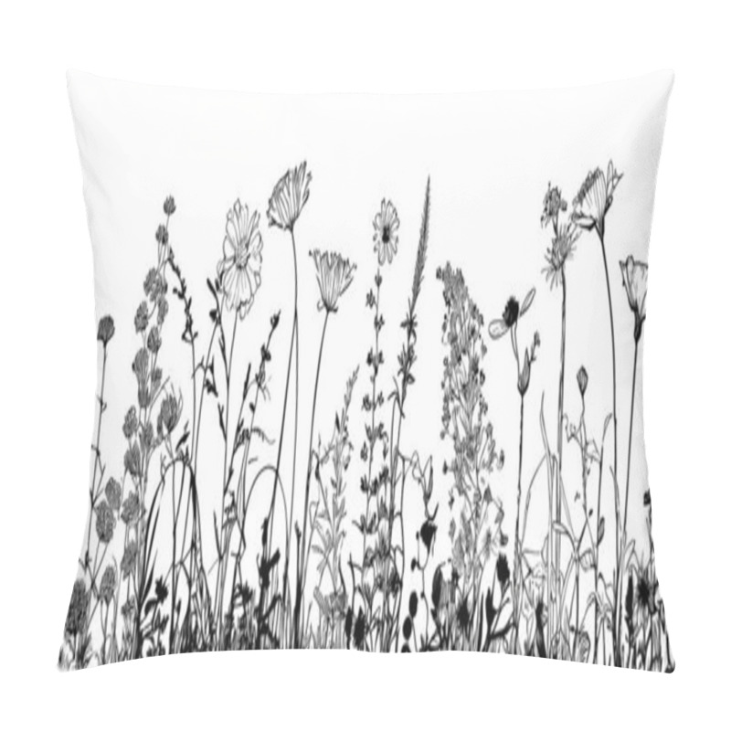 Personality  Wild Flowers Field Border Sketch Hand Drawn In Doodle Style Pillow Covers