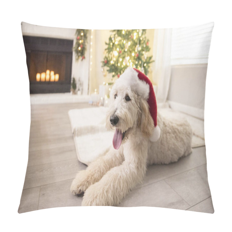 Personality  Happy Dog Wearing A Red Santa Claus Hat In Front Of Christmas Tree Pillow Covers