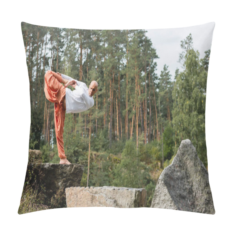 Personality  Barefoot Buddhist Practicing Yoga In Half Moon Pose On Rocks In Forest Pillow Covers