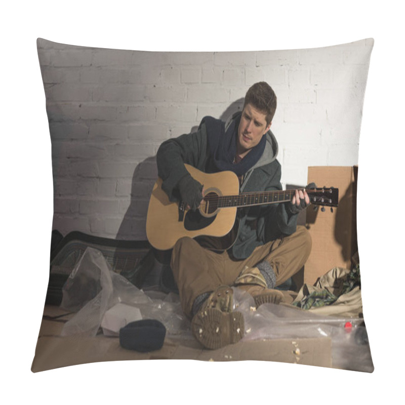 Personality  Homeless Man Sitting On Rubbish Dump And Playing Guitar  Pillow Covers