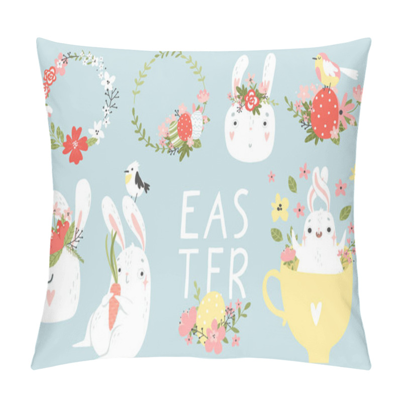 Personality  Happy Easter Collection - Cute Bunny, Eggs, Birds, Flowers Elements And Lettering. Isolated Elements On Backround. Vector Illustration  Pillow Covers