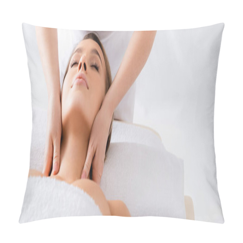 Personality  Masseur Doing Neck Massage To Client With Closed Eyes In Spa Salon, Banner Pillow Covers