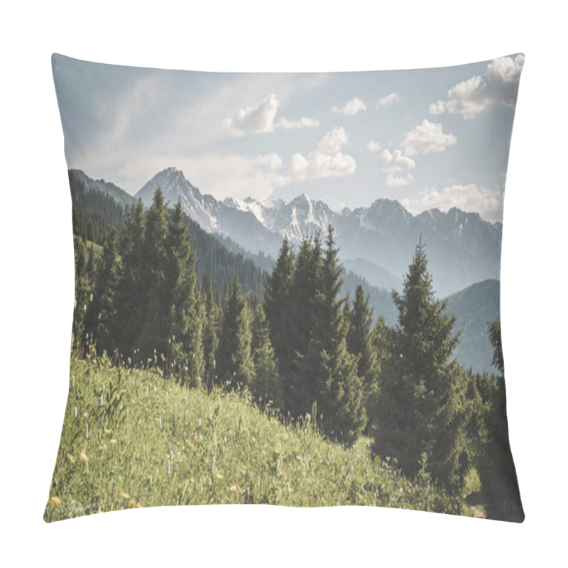 Personality  Panoramic Mountain And Forest Views And Snowy Peaks In The Mountains Of Kahastan Pillow Covers