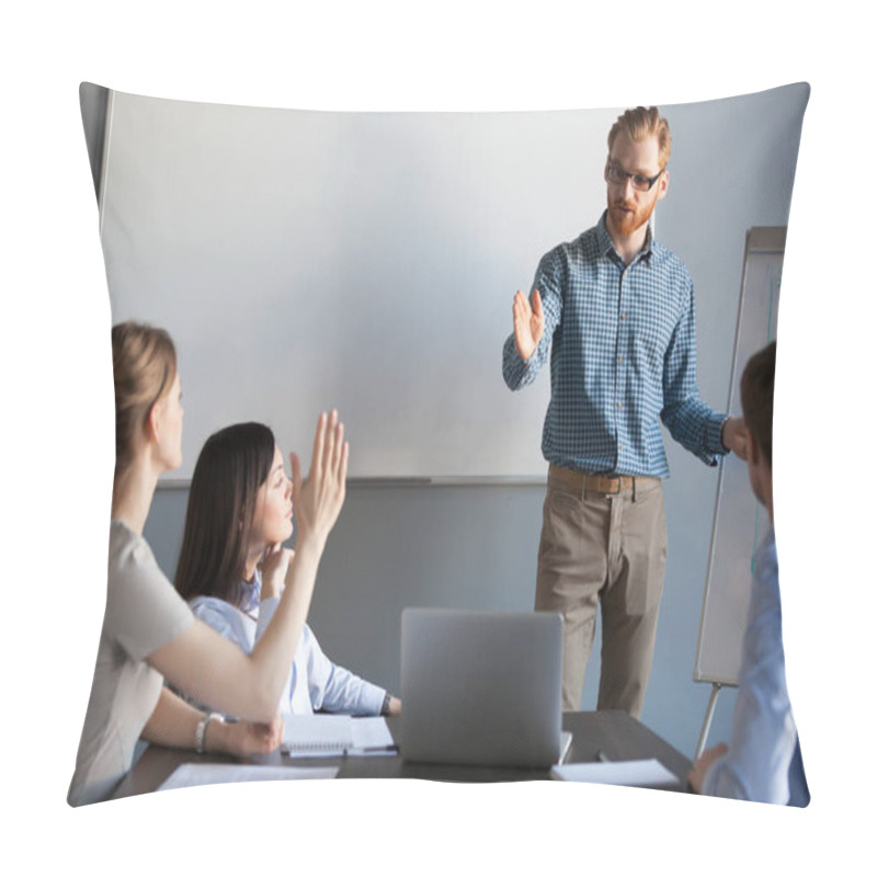 Personality  Businesswoman Raising Hand Up At Meeting Asking Team Leader Ques Pillow Covers