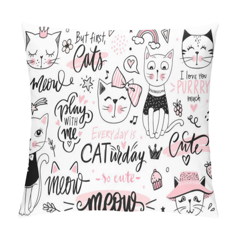 Personality  Doodle Cats Illustration And Kitten Quotes, Meow Lettering. Cute Vector Set With Funny Hipster Pets, Fashion Kitty Phrases Pillow Covers