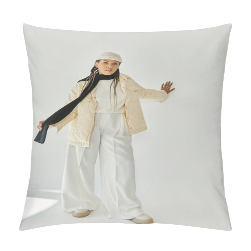 Personality  Attractive Young Woman In Stylish Warm Attire Posing On White Backdrop. Pillow Covers