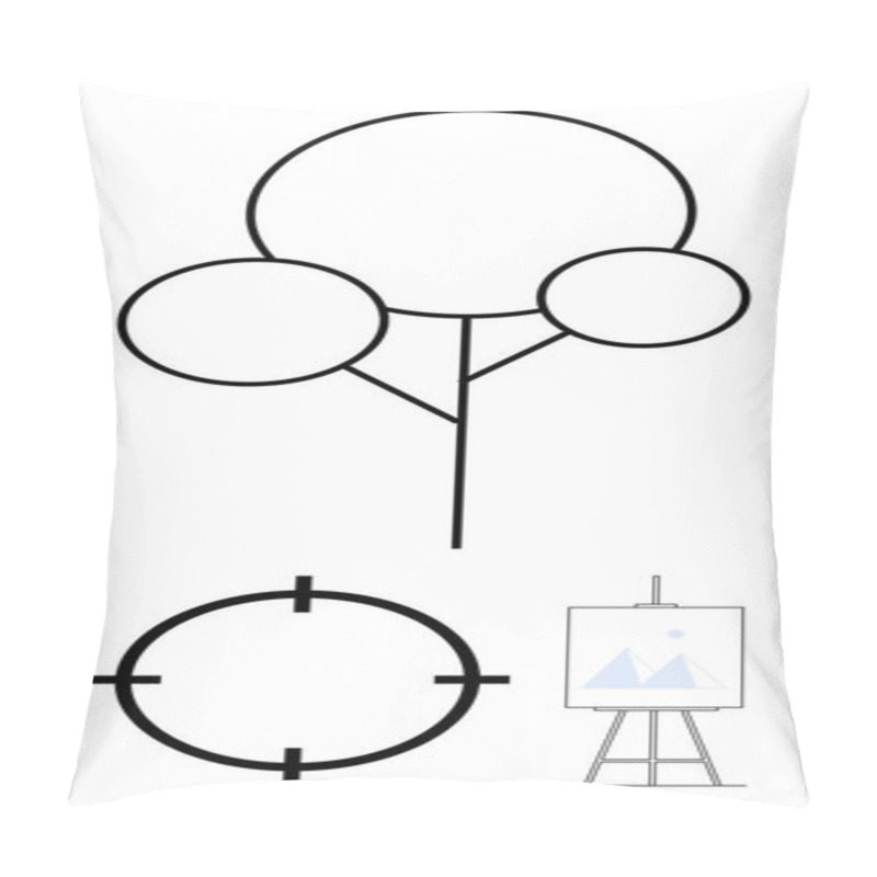 Personality  Abstract Geometric Tree Illustration With Circles Atop A Single Line, A Target Symbol, And A Canvas On An Easel With A Simple Mountain Design. Ideal For Modern Art, Design Concepts, Graphic Design Pillow Covers