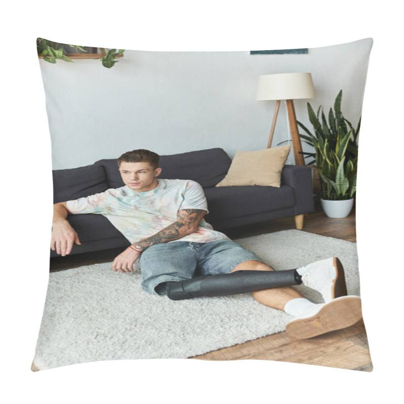 Personality  Young Man Lounges Comfortably On A Cozy Rug In A Stylish Living Room, Showcasing His Prosthetic Leg. Pillow Covers