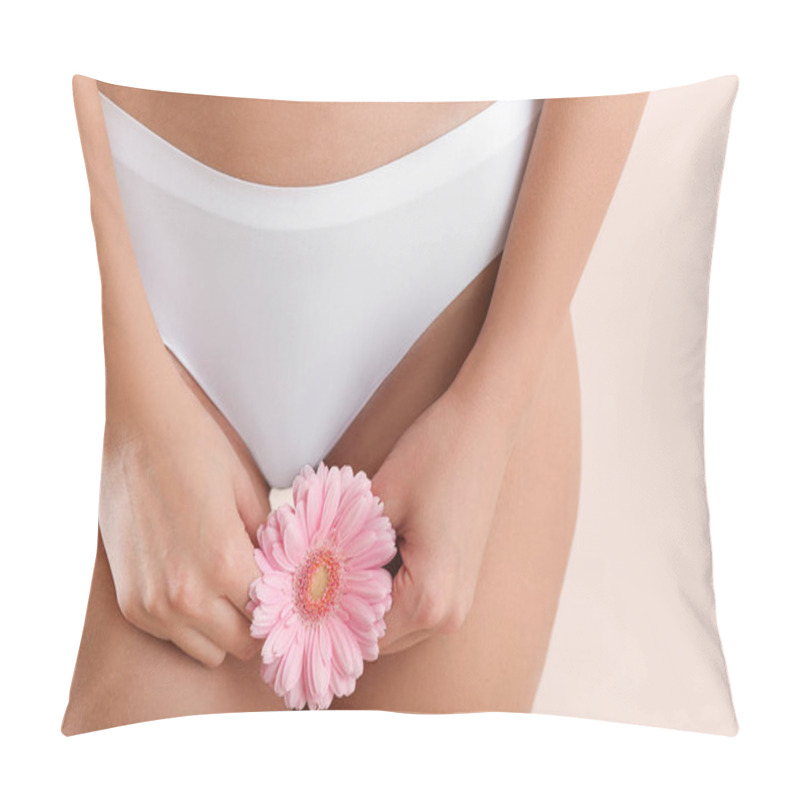 Personality  Young Woman With Flower On Light Background, Closeup. Gynecology Concept Pillow Covers