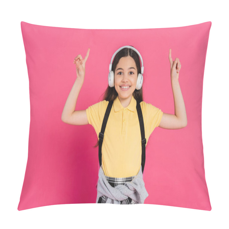 Personality  Positive Girl In Wireless Headphones Showing V Sign On Pink Background, Excitement, After Classes Pillow Covers