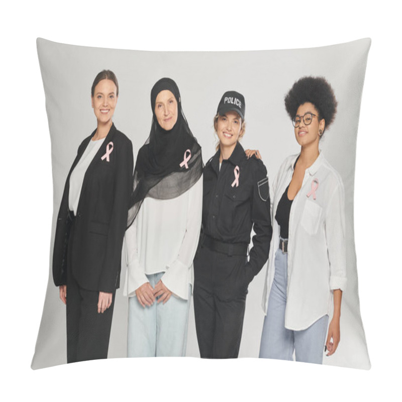 Personality  Smiling Different Interracial Women With Pink Ribbons Of Breast Cancer Standing Isolated On Grey Pillow Covers