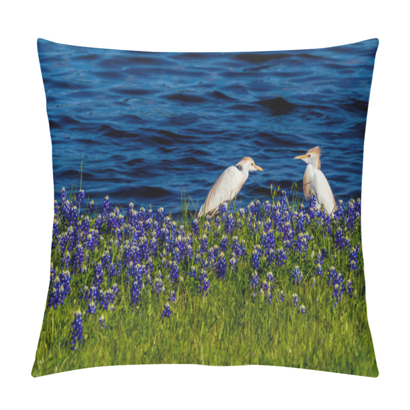 Personality  Two Egrets In Texas Bluebonnets At Lake Travis, Texas. Pillow Covers