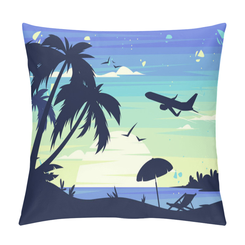 Personality   Vector Illustration Of A Summer Sunset On The Beach With Silhouettes Of Palm Trees, A Chaise Longue With An Umbrella On The Background Of A Plane Taking Off Pillow Covers