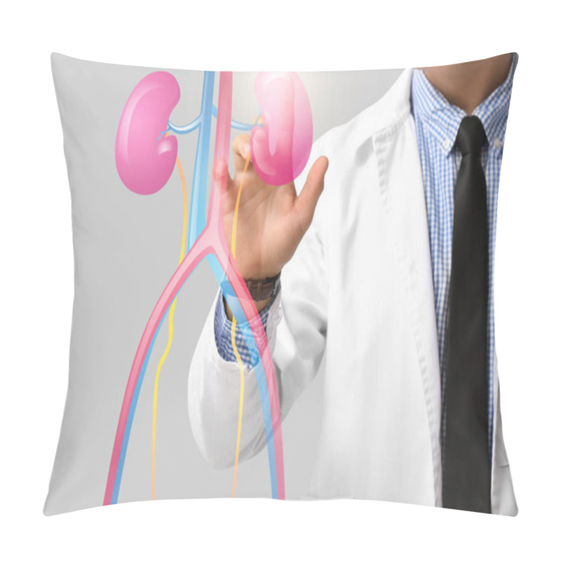 Personality  Male Urologist Using Virtual Screen On Light Background Pillow Covers