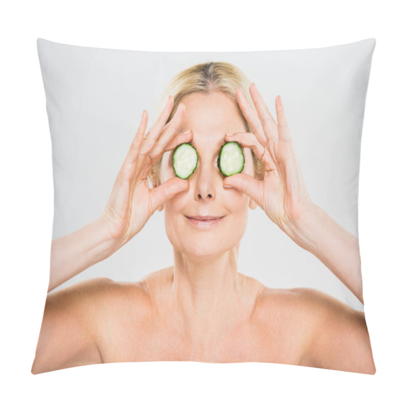 Personality  Beautiful And Blonde Mature Woman Holding Cut Cucumber On Grey Background  Pillow Covers