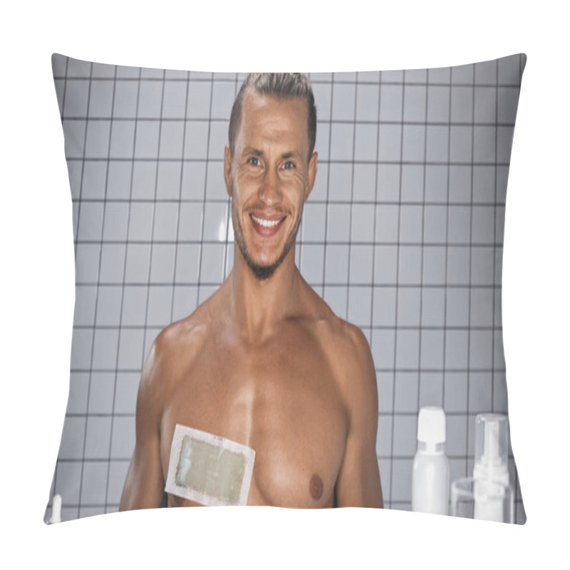 Personality  Smiling And Shirtless Man With Wax Strip On Chest In Bathroom  Pillow Covers