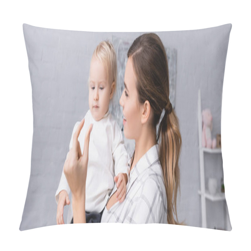 Personality  Smiling Mother Showing Small Amount Gesture While Holding Little Son, Banner Pillow Covers