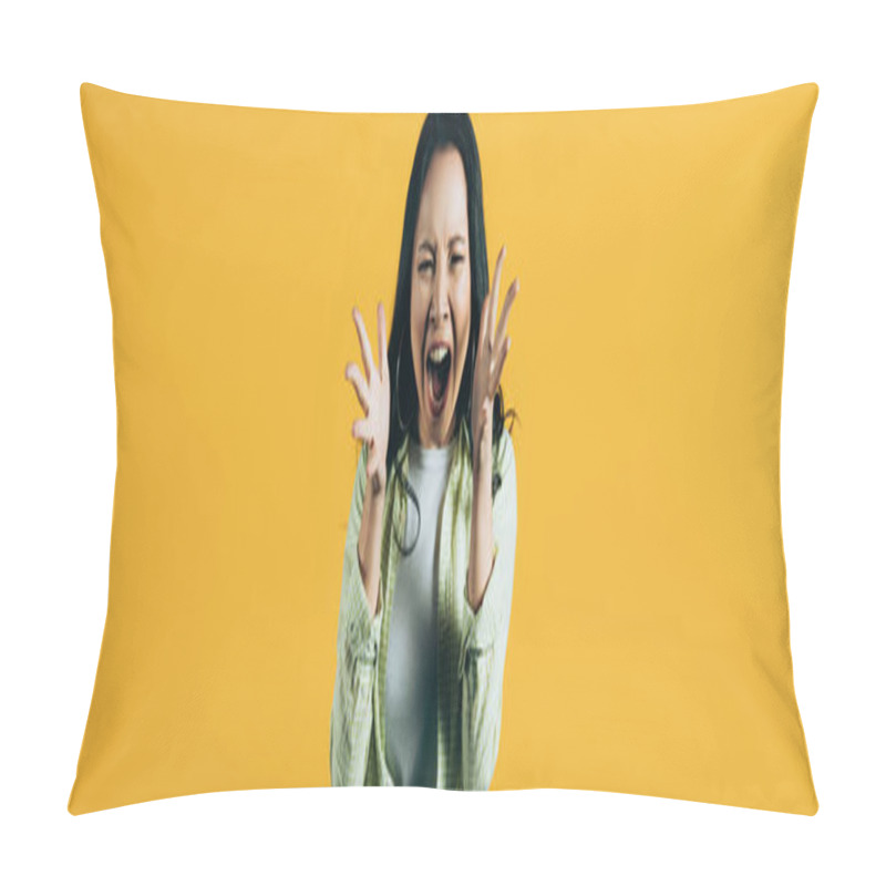 Personality  Angry Asian Woman Gesturing And Yelling Isolated On Yellow Pillow Covers