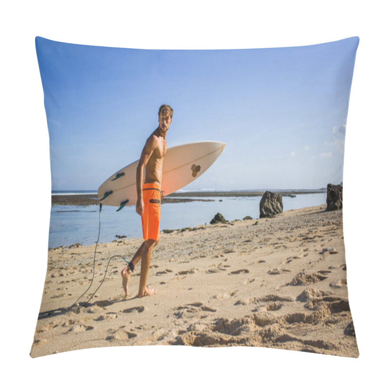 Personality  Young Athletic Sportsman With Surfing Board Walking On Sandy Beach  Pillow Covers