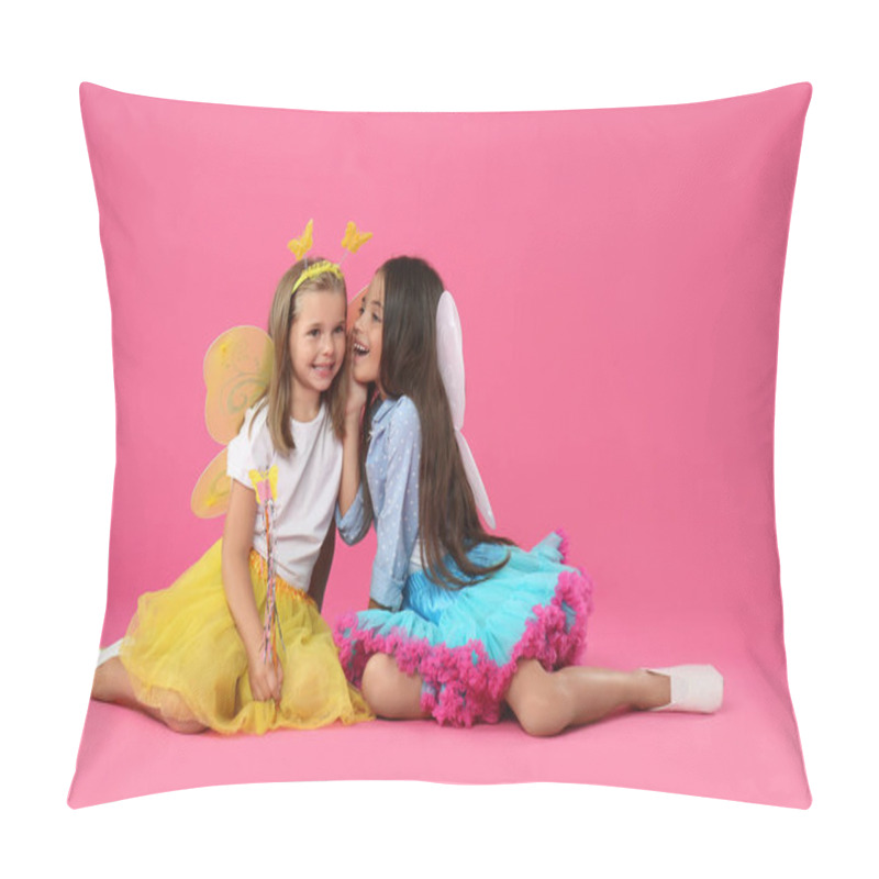 Personality  Cute Little Girls In Fairy Costumes With Wings On Pink Background Pillow Covers