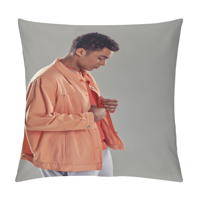 Personality  Handsome Man In Peach Shirt Standing Against Grey Wall, Showcasing His Impeccable Fashion Sense Pillow Covers