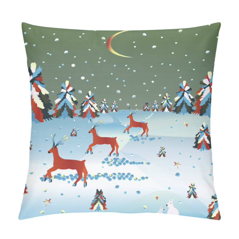 Personality  Winter Postcard. Hares And Deer, Snowfall, Christmas Trees. Pillow Covers