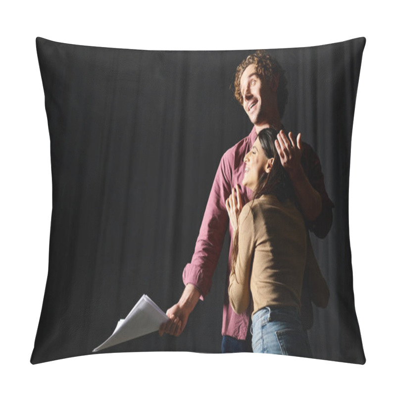 Personality  A Man And Woman Stand Before A Black Curtain, Engrossed In Their Rehearsed Performance. Pillow Covers