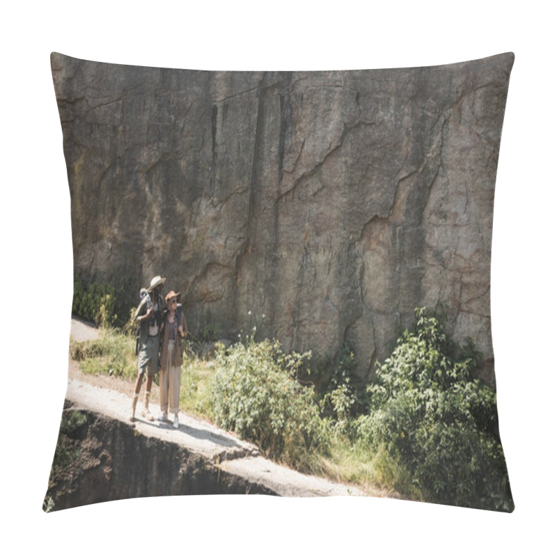 Personality  Interracial Senior Couple With Backpacks Walking On Path Near Cliff  Pillow Covers