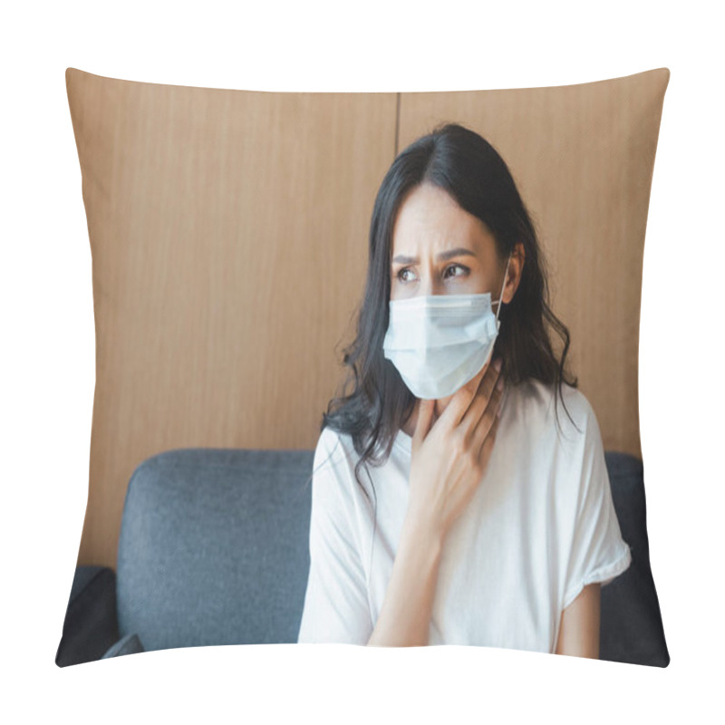 Personality  Ill Woman In Medical Mask Sitting At Home On Self Isolation Pillow Covers