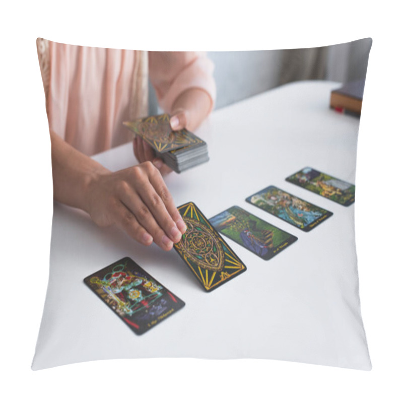 Personality  KYIV, UKRAINE - JUNE 29, 2022: Partial View Of Fortune Teller Laying Out Tarot Cards On Table Pillow Covers