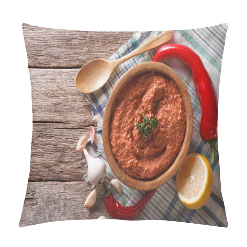 Personality  Red Muhammara And Ingredients. Horizontal Top View Pillow Covers