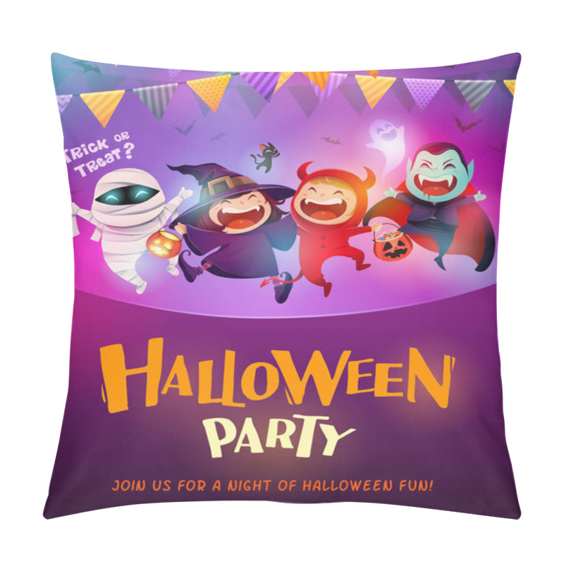 Personality  Halloween Celebration Fun Party. Group Of Kids In Halloween Costume. Pillow Covers