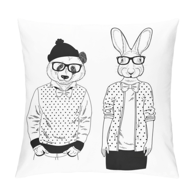 Personality  Couple Of Friendly Panda And Cute Rabbit Girl. Creative Set Of Hand Drawn Animals With Human Body. Vector Illustration For Coloring Book. Pillow Covers