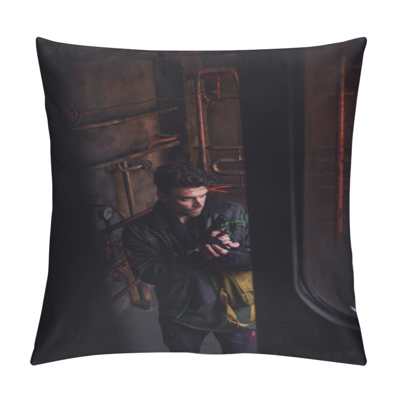 Personality  High Angle View Of Man In Worn Clothes Standing With Gun In Post- Apocalyptic Underground Tunnel Pillow Covers