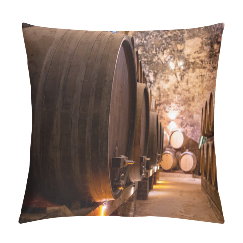 Personality  Medieval Underground Wine Cellars With Old Red Wine Barrels For Aging Of Vino Nobile Di Montepulciano In Old Town On Hill Montepulciano In Tuscany, Italy Pillow Covers