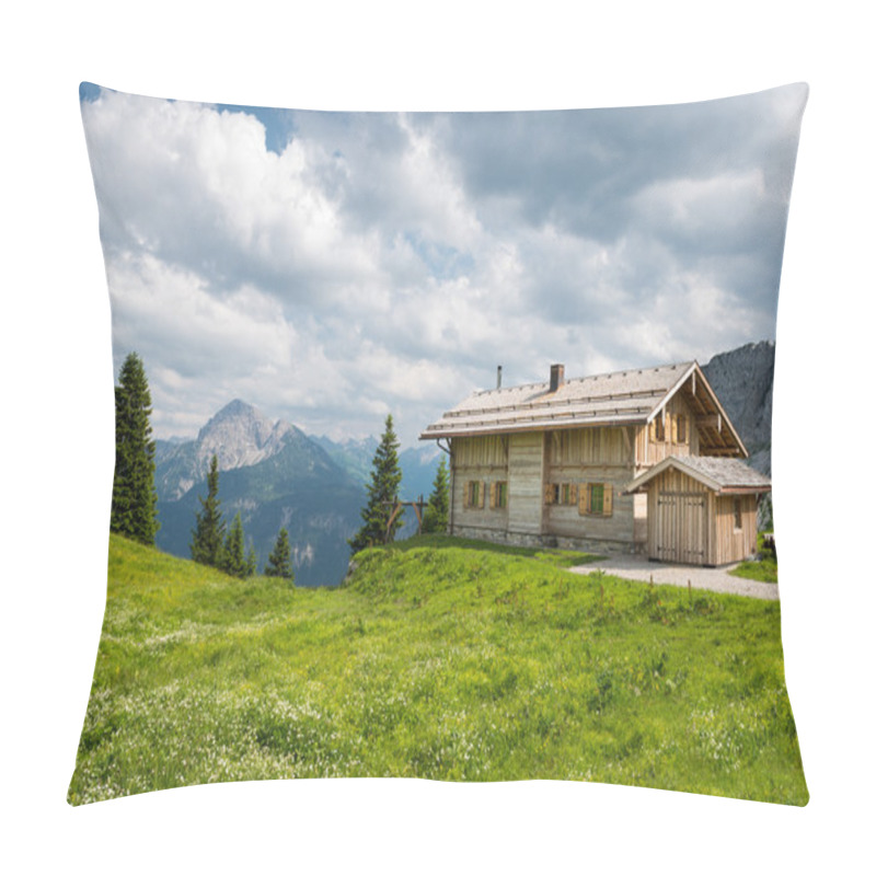 Personality  Wooden Timber Chalet House On Austrian Mountains At Spring Pillow Covers