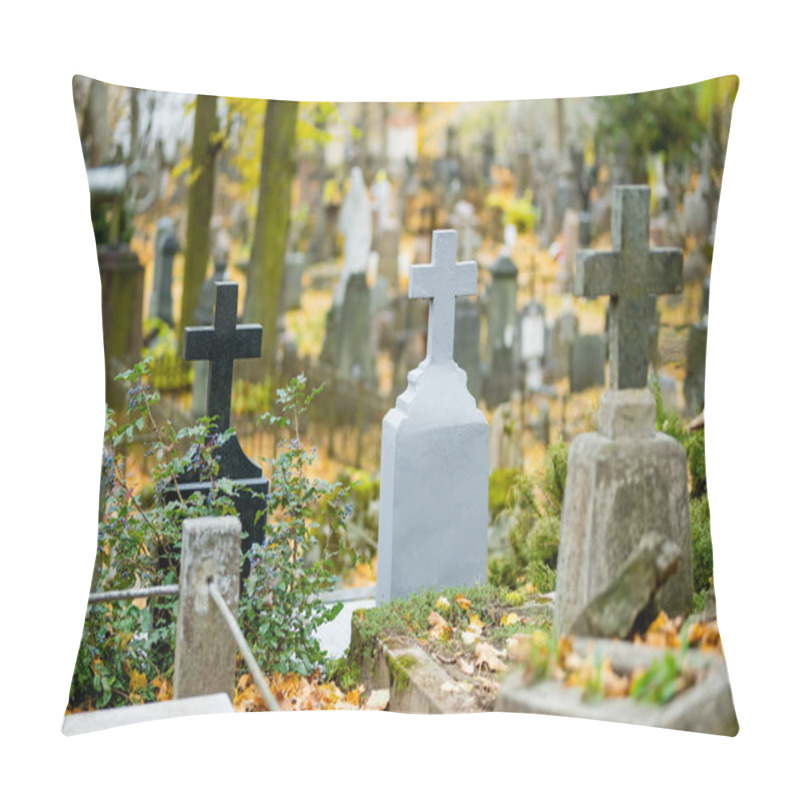 Personality  Yellow Fallen Autumn Leaves Covering Gravestones Of Bernardine Cemetery, One Of The Three Oldest Graveyards In Vilnius, Lithuania. Pillow Covers