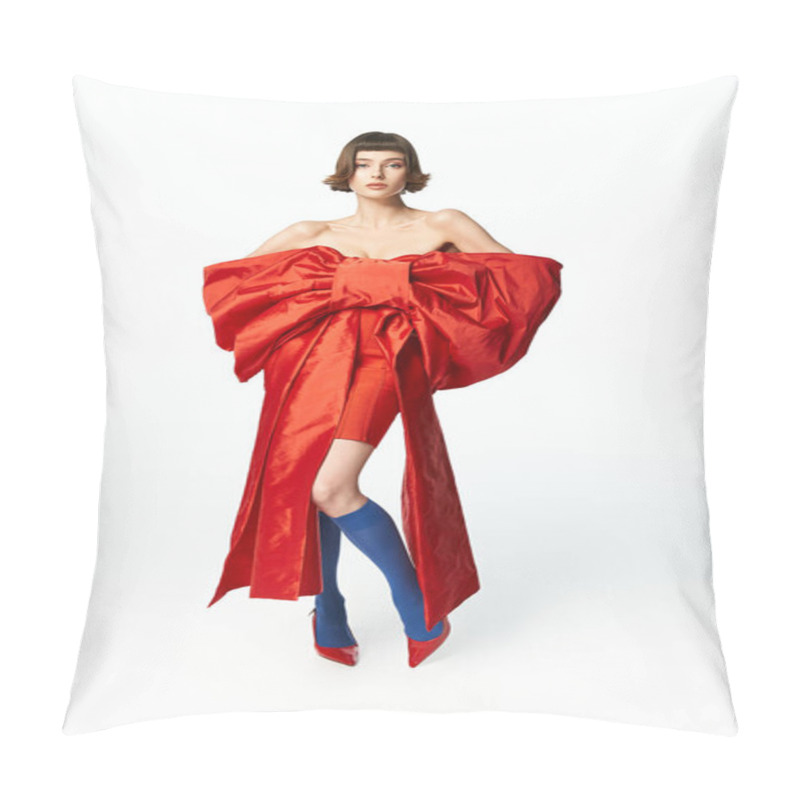 Personality  Elegantly Dressed In A Striking Red Outfit, She Exudes Confidence And Style. Pillow Covers