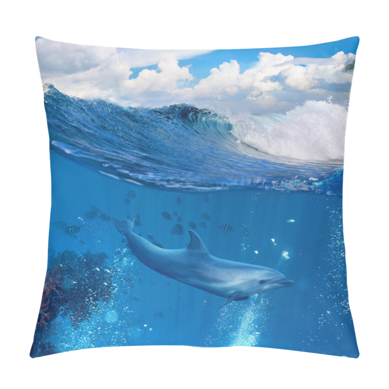 Personality  Ocean Wave Breaking And Dolphin Swimming Underwater Pillow Covers