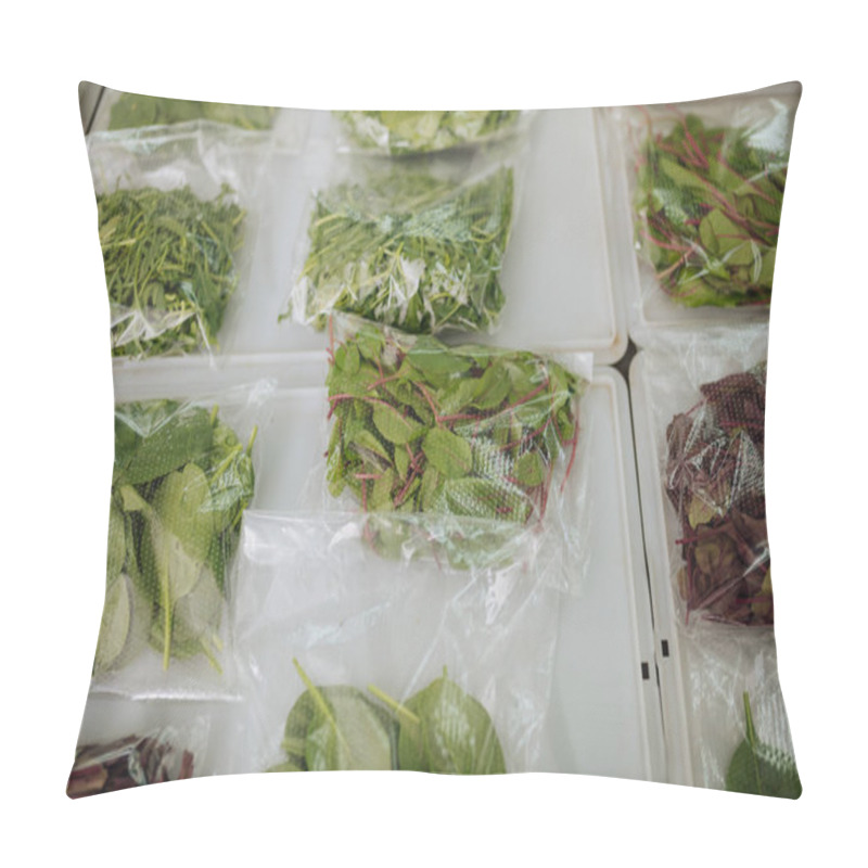 Personality  Variety Of Nice Greens Lying In Plastic Bags On The Table Pillow Covers