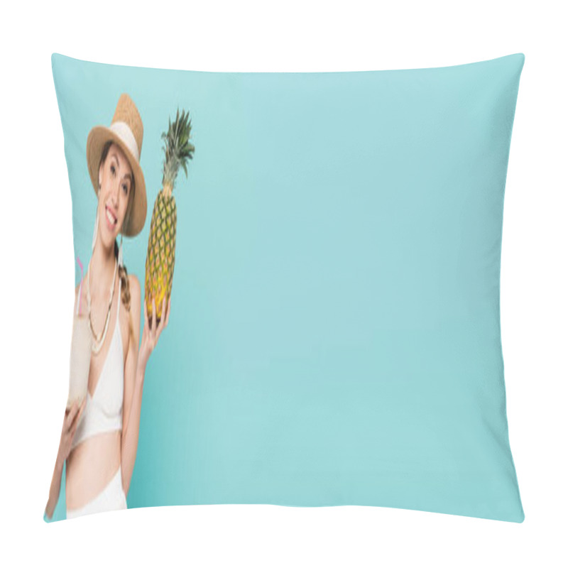 Personality  Happy Woman In Sun Hat Holding Pineapple And Cocktail In Coconut Isolated On Blue, Banner  Pillow Covers