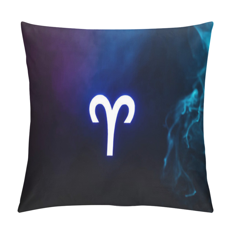 Personality  Blue Illuminated Aries Zodiac Sign With Smoke On Background Pillow Covers