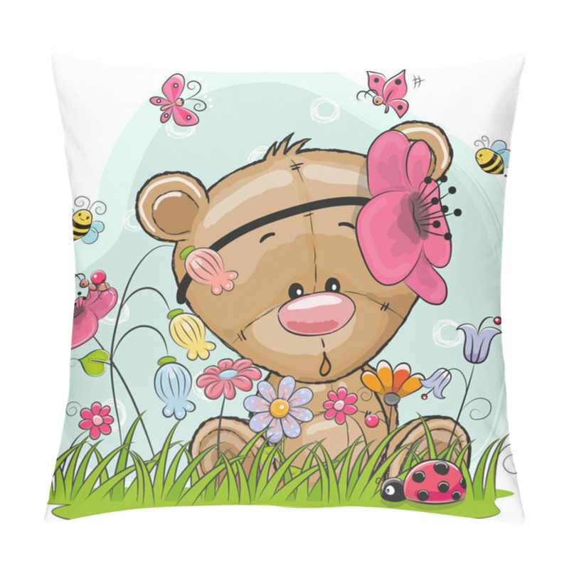 Personality  Cute Cartoon Teddy On A Meadow Pillow Covers