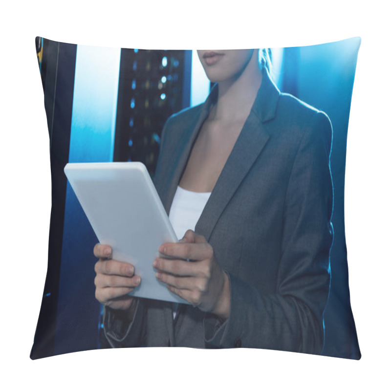 Personality  Cropped View Of Businesswoman Using Digital Tablet In Data Center  Pillow Covers