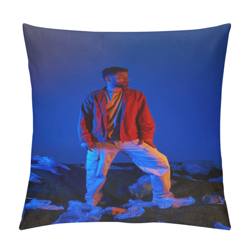 Personality  A Man Stands Amidst A Sea Of Plastic Waste, Bathed In Vibrant Blue And Red Light. Pillow Covers