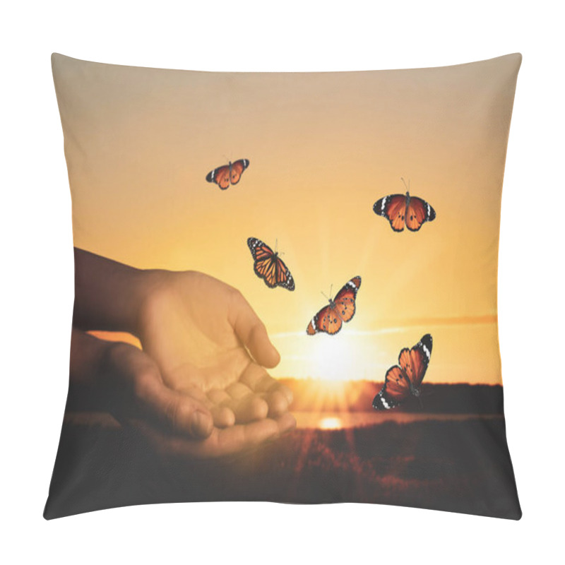 Personality  Woman Releasing Butterflies Against Sunrise Near River, Closeup. Freedom Concept Pillow Covers