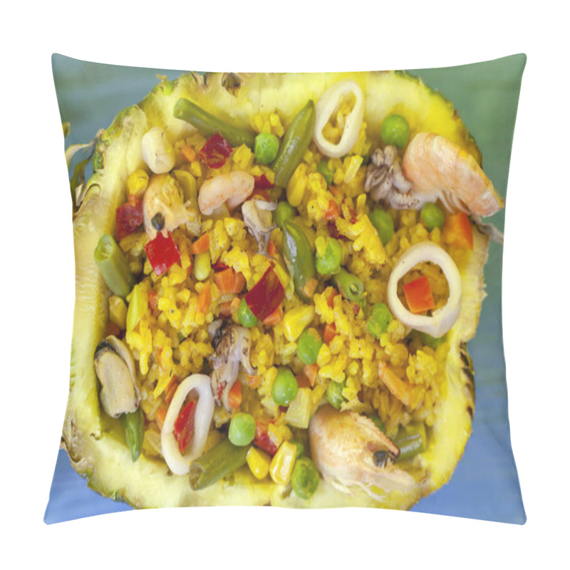 Personality  Rice In A Pineapple With Seafood On A Blue Background, Close-up Pillow Covers