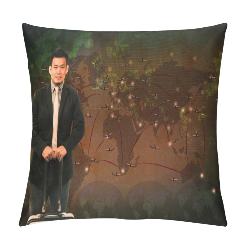 Personality  Business Man And Luggage Rising Hand And Looking Forward Against Pillow Covers